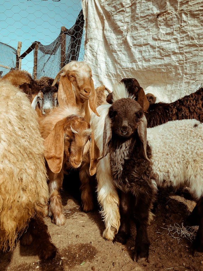 A delightful scene of goats in a rural Turkish farm, showcasing their woolly textures and natural surroundings.